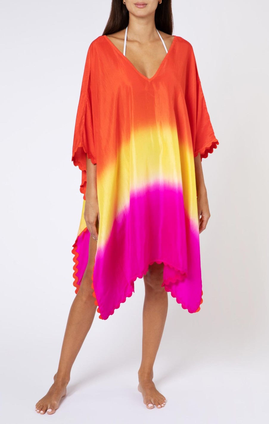 Cover Ups Juliet Dunn | Sunset Silk Ombre Poncho Red Yellow Fuchsia