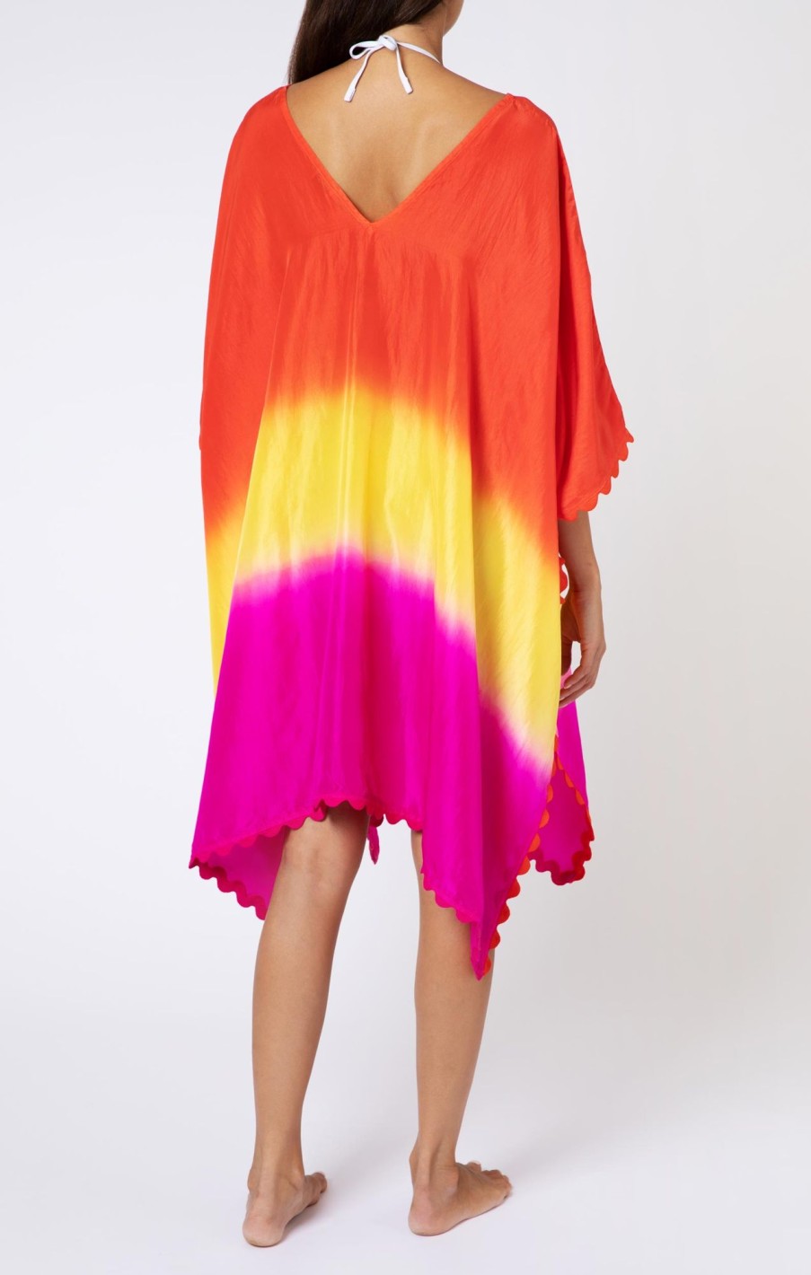 Cover Ups Juliet Dunn | Sunset Silk Ombre Poncho Red Yellow Fuchsia