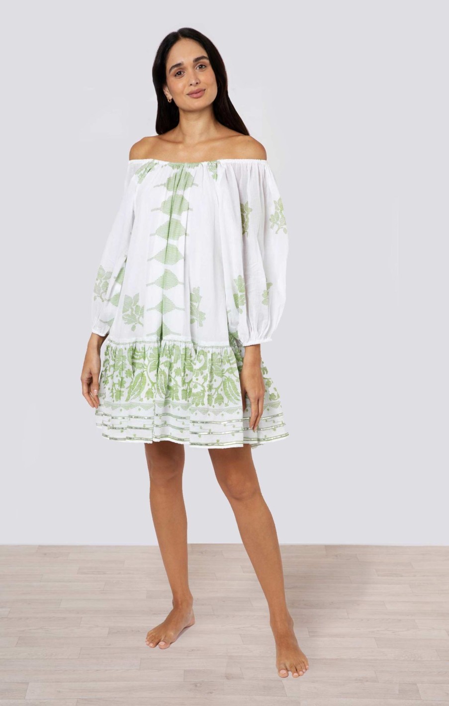 Dresses Juliet Dunn | Boho Dress With Olive Green Dhaka Print Olive Green White