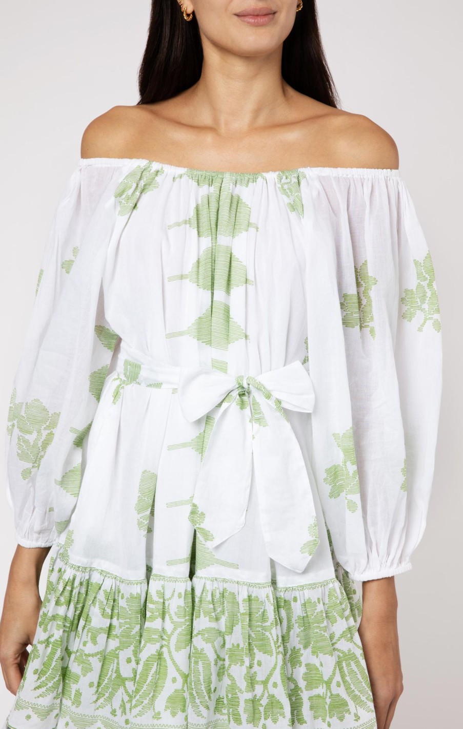 Dresses Juliet Dunn | Boho Dress With Olive Green Dhaka Print Olive Green White