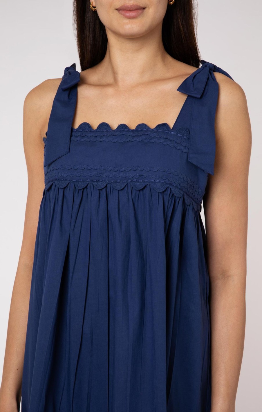 Dresses Juliet Dunn | Poplin Tie Shoulder Baby Doll Dress In Indigo