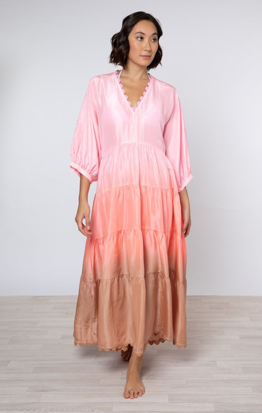 Dresses Juliet Dunn | Silk Ombre Maxi Dress In Candy, Coral & Nutmeg Pink Coral Nutmeg