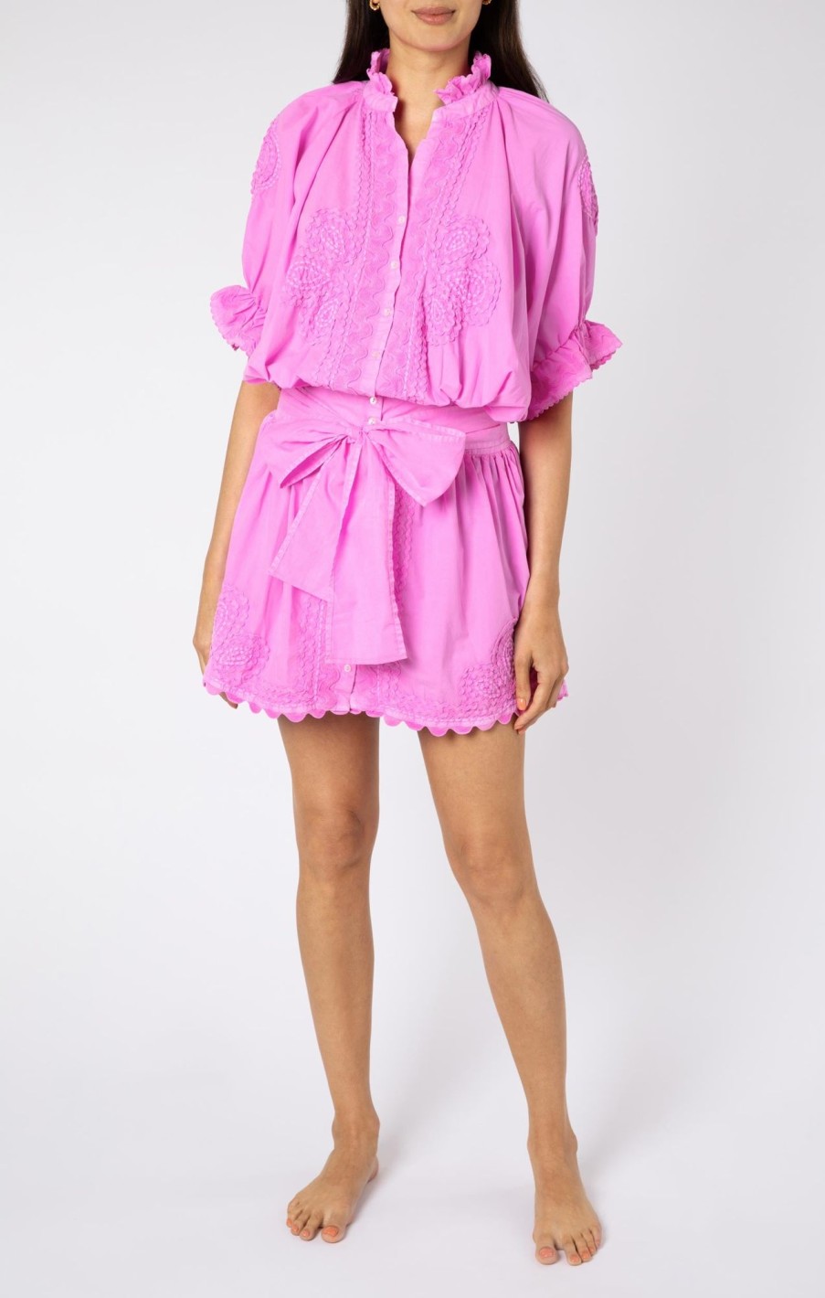 Dresses Juliet Dunn | Poplin Blouson With Ric Rac Detail In Washed Neon Orchid Washed Orchid