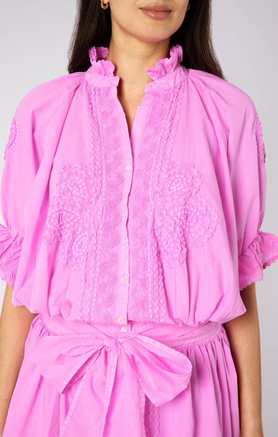 Dresses Juliet Dunn | Poplin Blouson With Ric Rac Detail In Washed Neon Orchid Washed Orchid