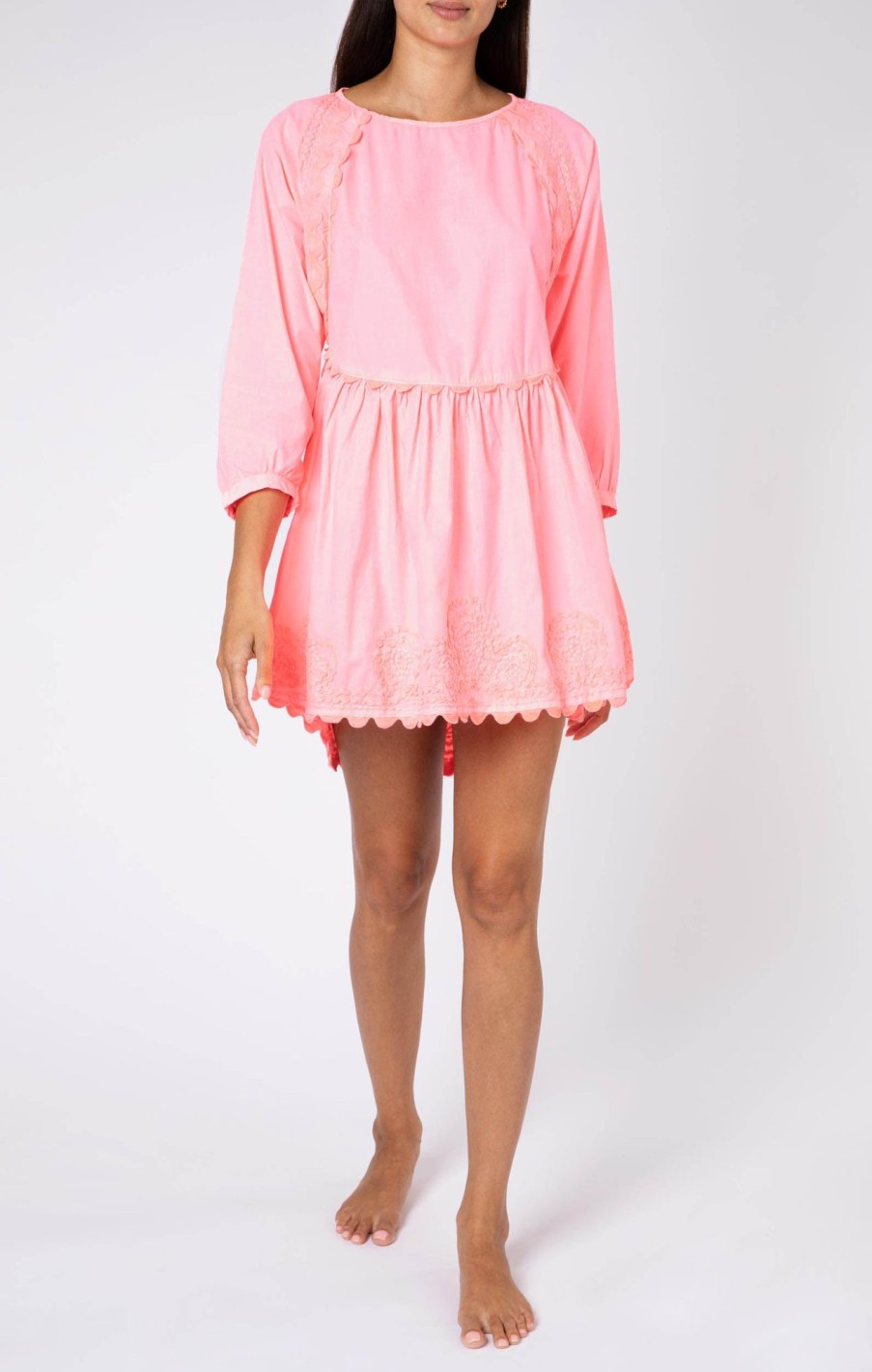 Dresses Juliet Dunn | Poplin Batwing Mini Dress In Washed Neon Coral Washed Coral