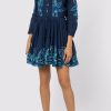 Dresses Juliet Dunn | Indigo Long Sleeve Beach Dress With Contrast Cut Out Embroidery Indigo Blue