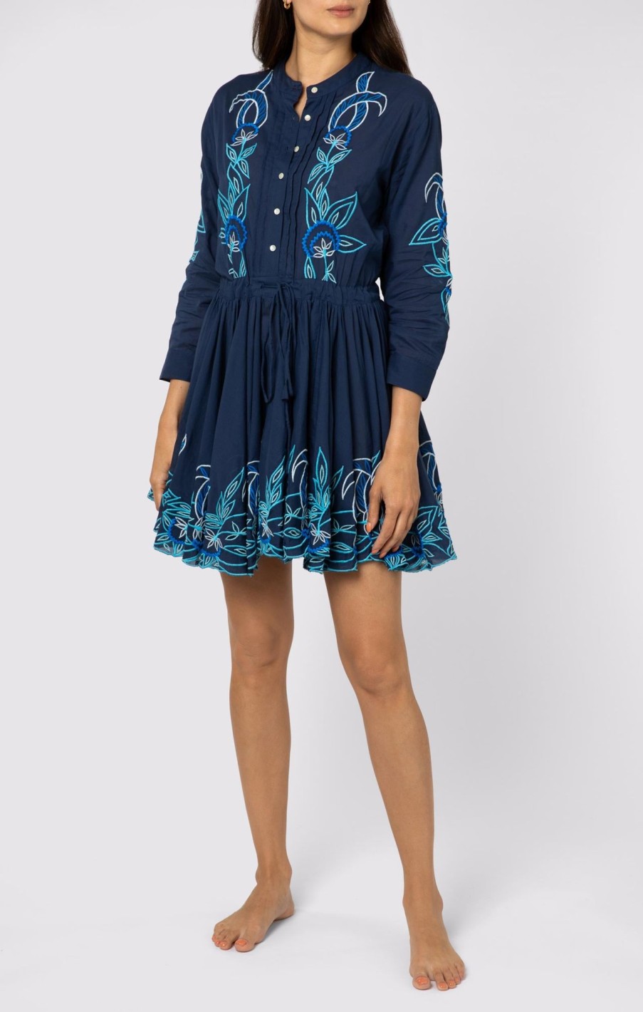 Dresses Juliet Dunn | Indigo Long Sleeve Beach Dress With Contrast Cut Out Embroidery Indigo Blue