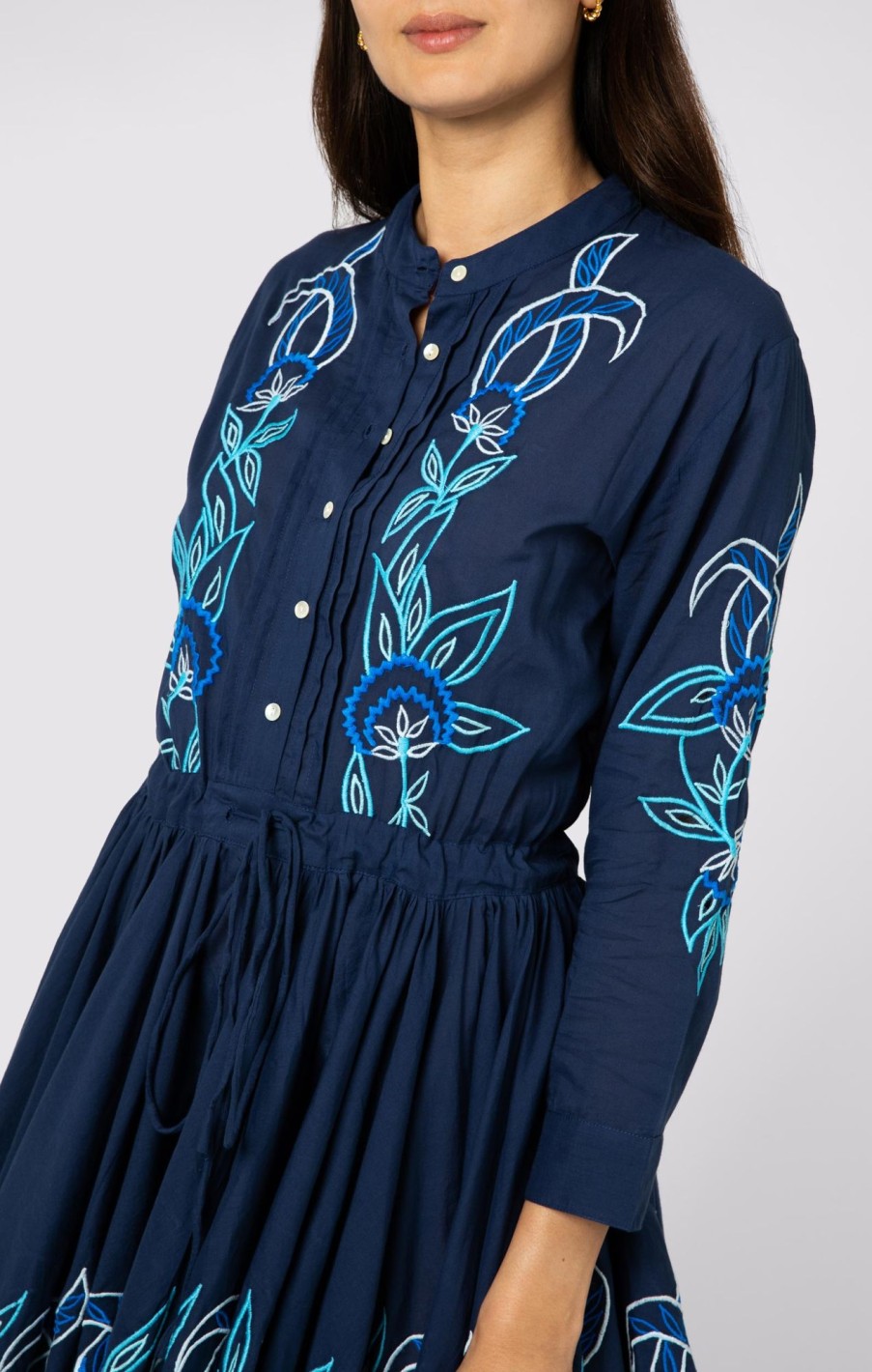 Dresses Juliet Dunn | Indigo Long Sleeve Beach Dress With Contrast Cut Out Embroidery Indigo Blue