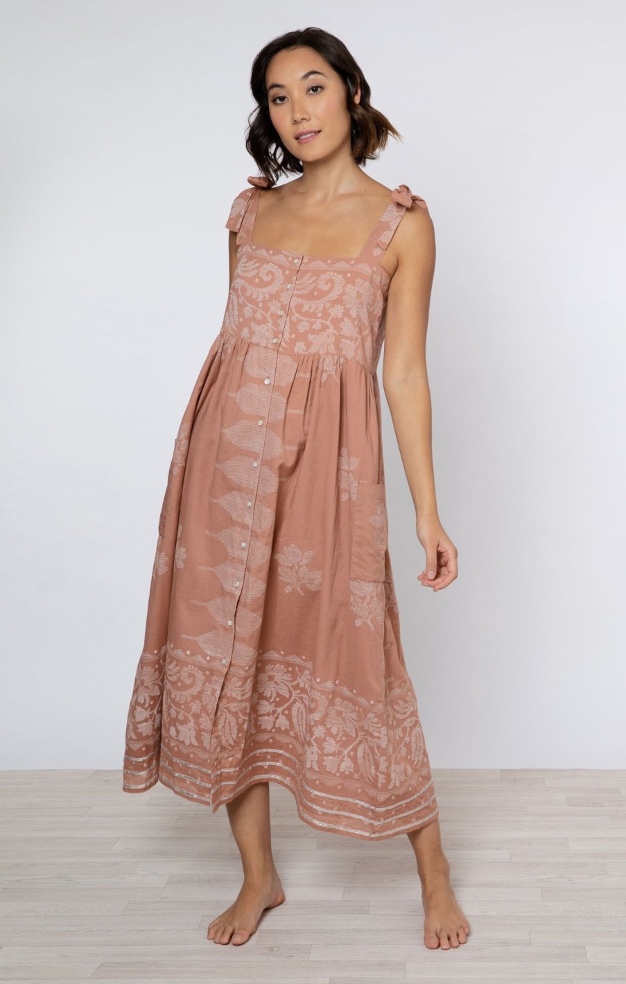 Dresses Juliet Dunn | Dhaka Print Tie Shoulder Dress In Pecan Pecanwhite