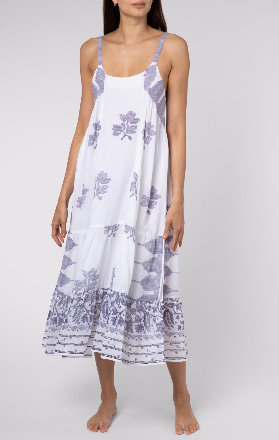 Dresses Juliet Dunn | Long Swing Dress In Indigo Dhaka Print White Indigo