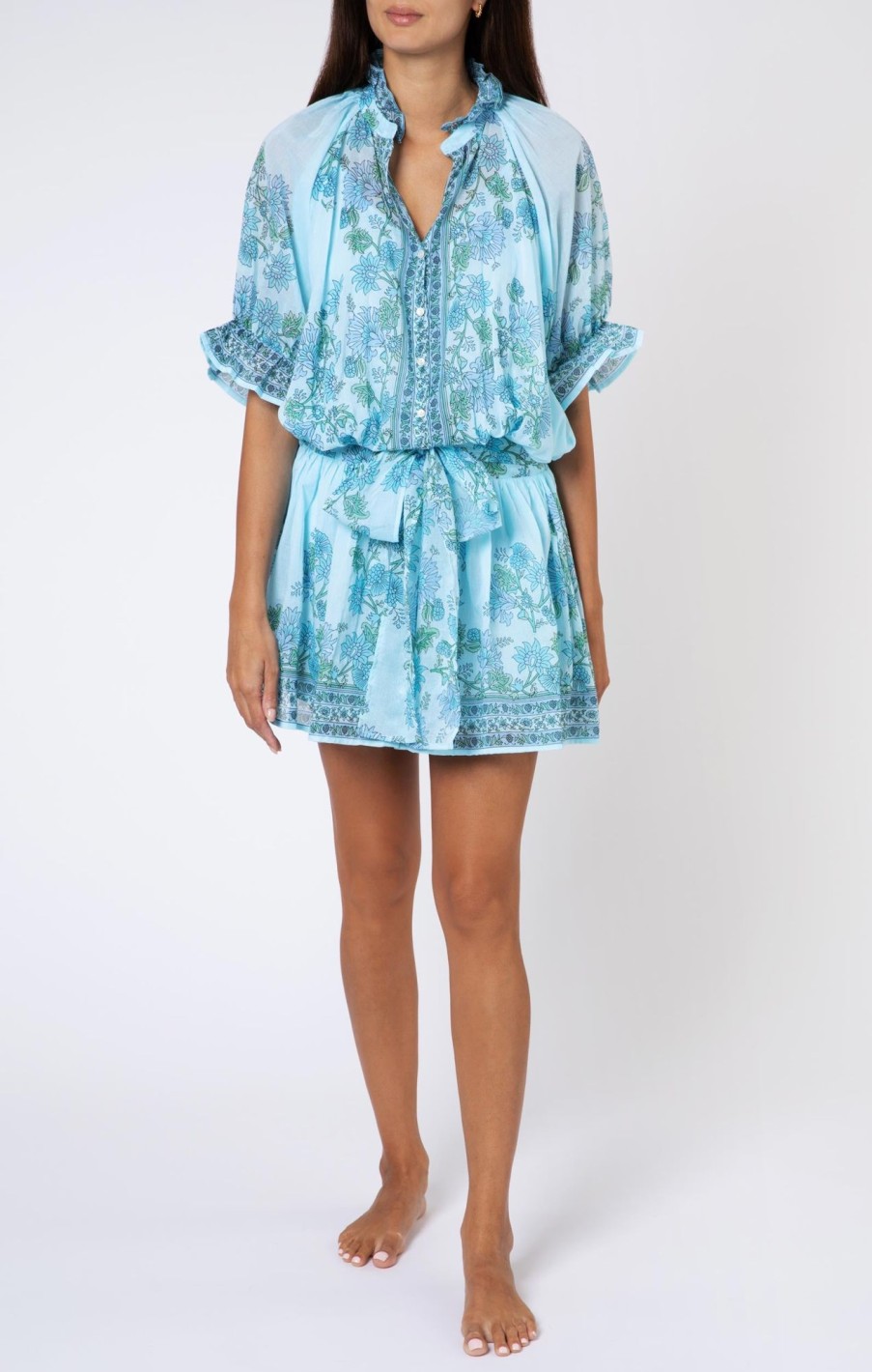 Dresses Juliet Dunn | Rose Border Blouson Dress Sky Blue