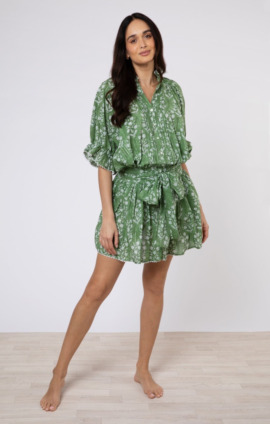 Dresses Juliet Dunn | Small Flower Block Print Blouson Dress In Olive Green