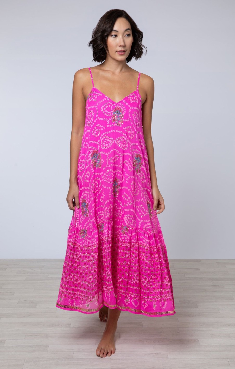 Dresses Juliet Dunn | Silk V Neck Midi Dress With Sequin Embroidery Fuchsia