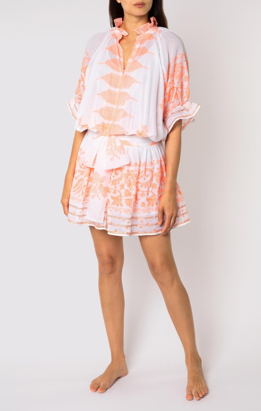 Dresses Juliet Dunn | Blouson Dress In Orange Dhaka Print White Neon Orange