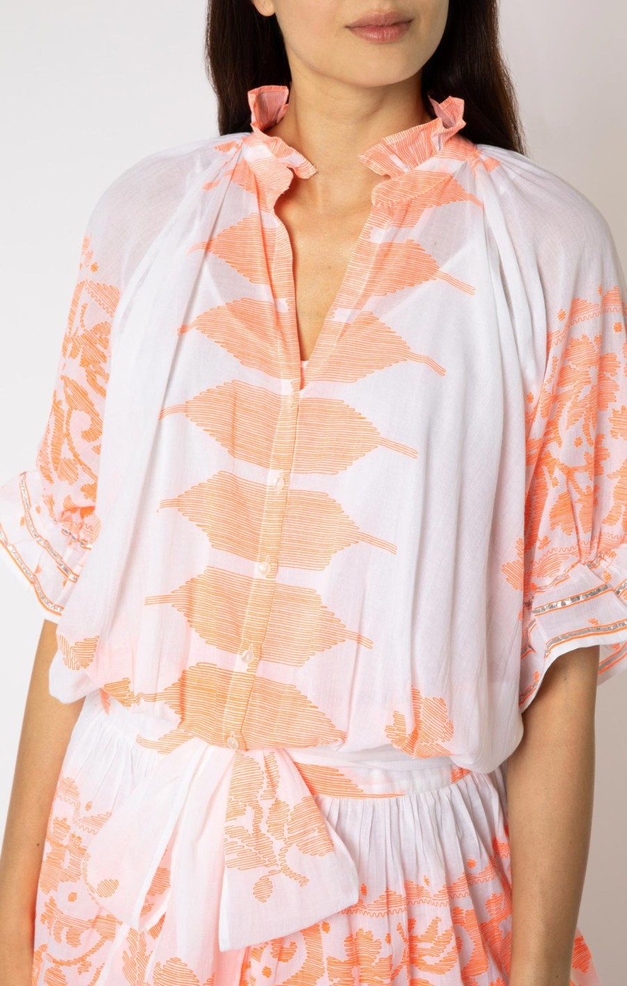 Dresses Juliet Dunn | Blouson Dress In Orange Dhaka Print White Neon Orange