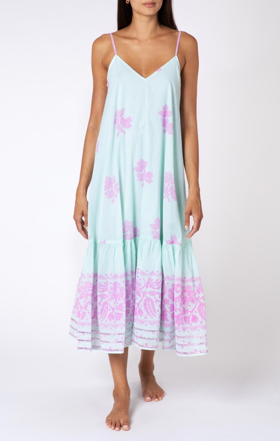 Dresses Juliet Dunn | V Neck Midi Dress In Aqua And Violet Dhaka Print Aqua Violet