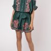 Dresses Juliet Dunn | Silk Blouson Dress With Contrast Embroidery Bottle Green Neon Peach