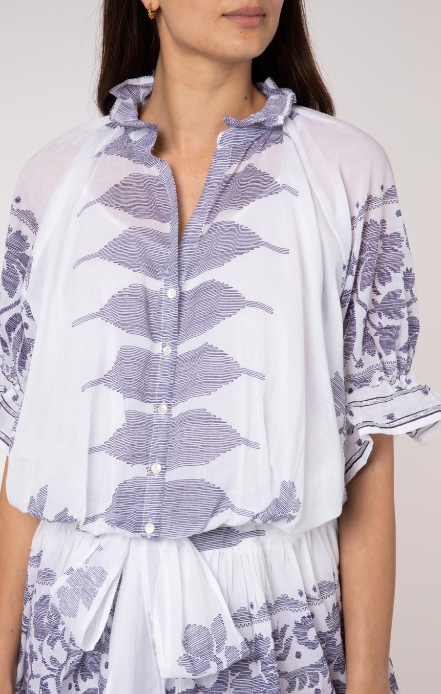 Dresses Juliet Dunn | Blouson Dress With Dhaka Print In Indigo Indigowhite